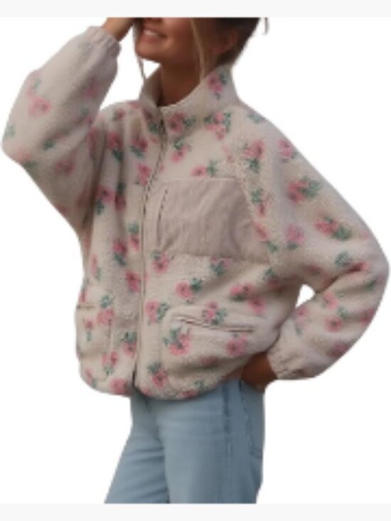 Jackets & Blazers - Women's Winter Casual Spliced Floral Fleece Jacket Fuzzy Oversized Faux Fur